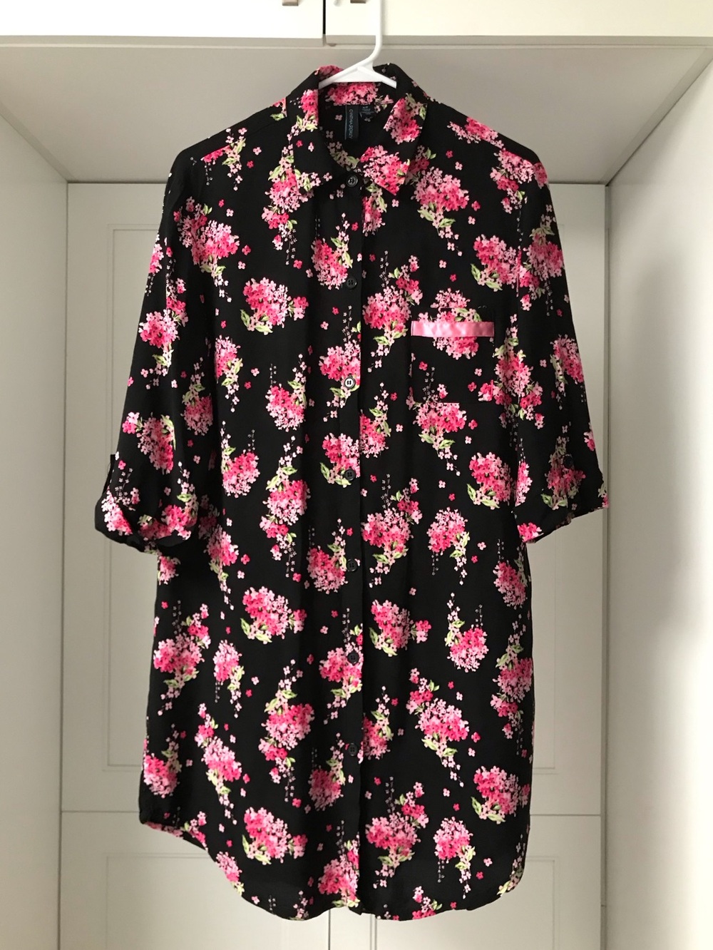 Cynthia Rowley Black Shirt House Dress Night Gown with Pink Floral Print US S